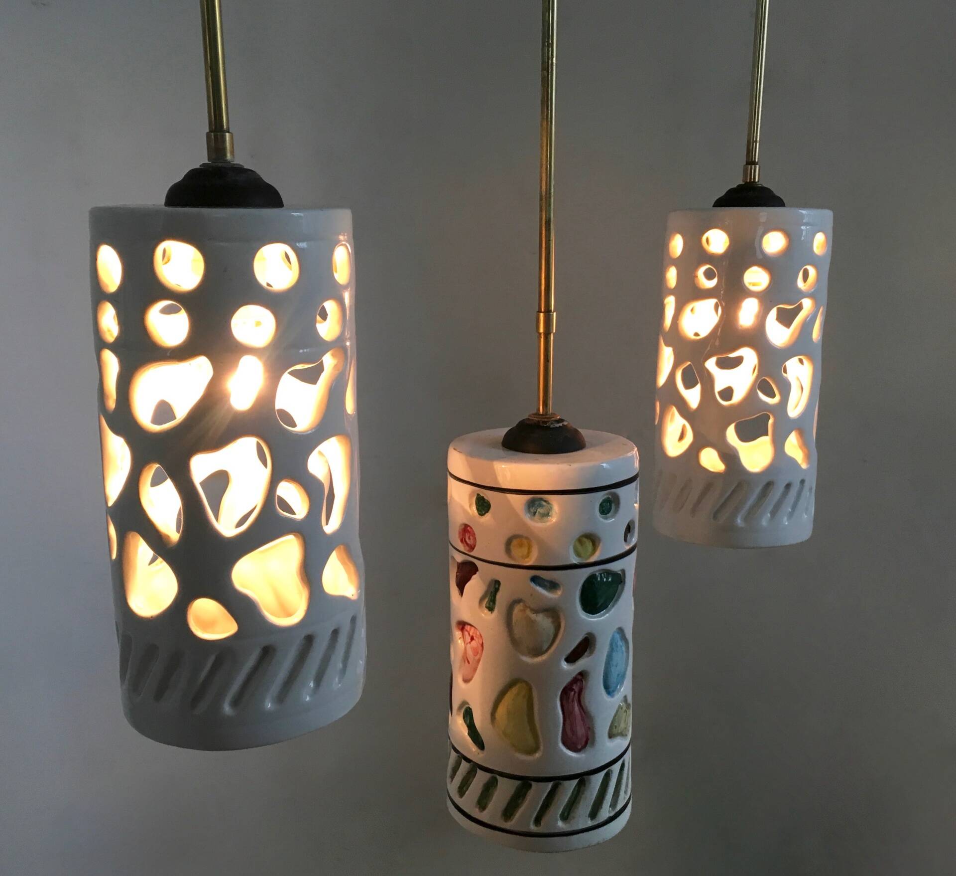 Chandelier with Cylindrical Ceramic Lampshades by Ceramiche Pucci, Italy