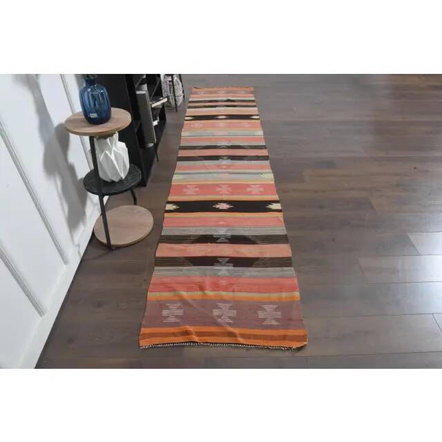 1970s Vintage Turkish Handmade Wool Cotton Orange Kilim Rug 78x254