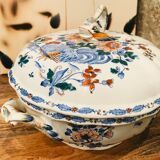 Large soup bowl in Gien earthenware model rooster and peonies