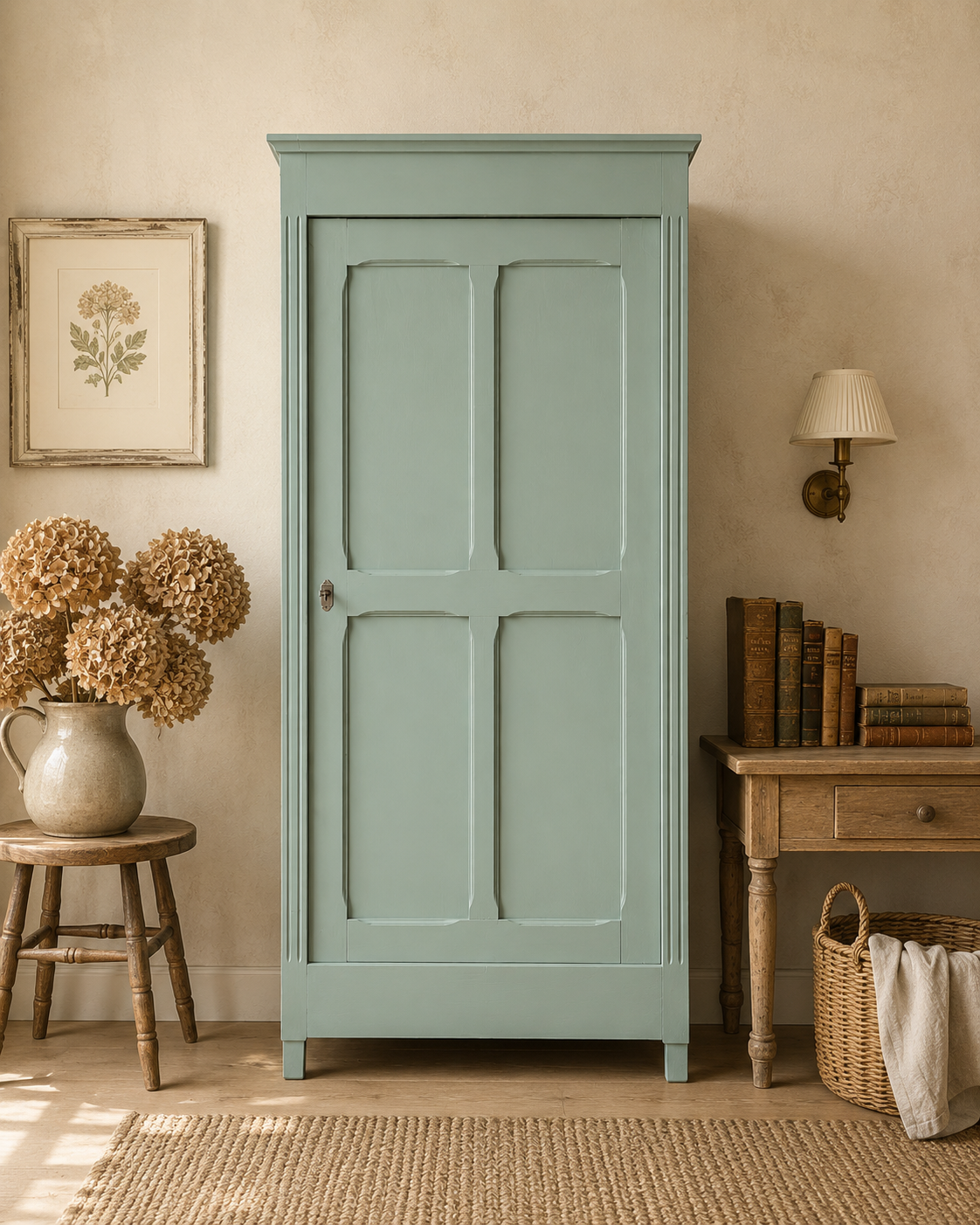 Antique Parisian wardrobe in grey-green solid pine.