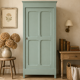 Antique Parisian wardrobe in grey-green solid pine.