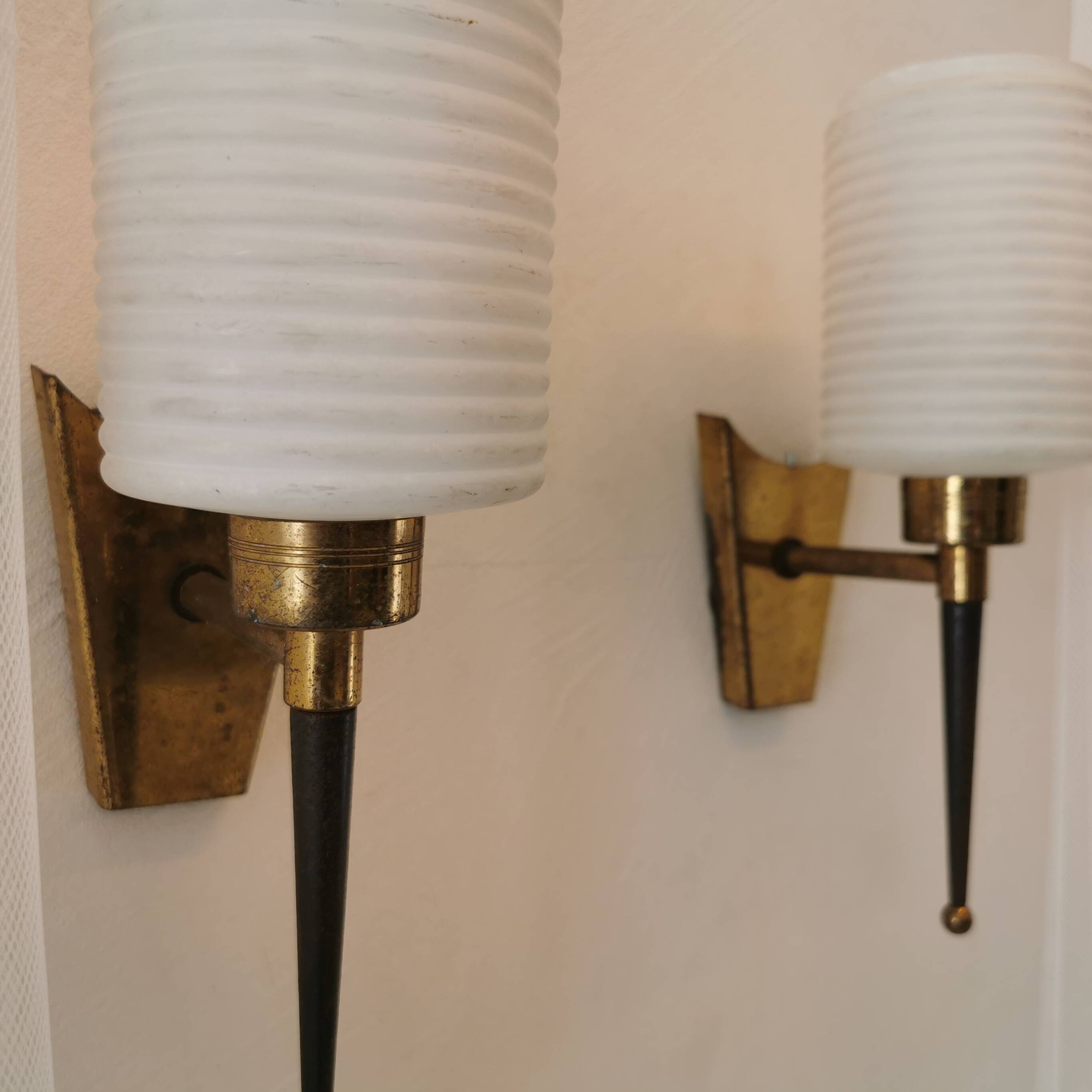 Pair of brass and opaline wall lights