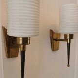 Pair of brass and opaline wall lights