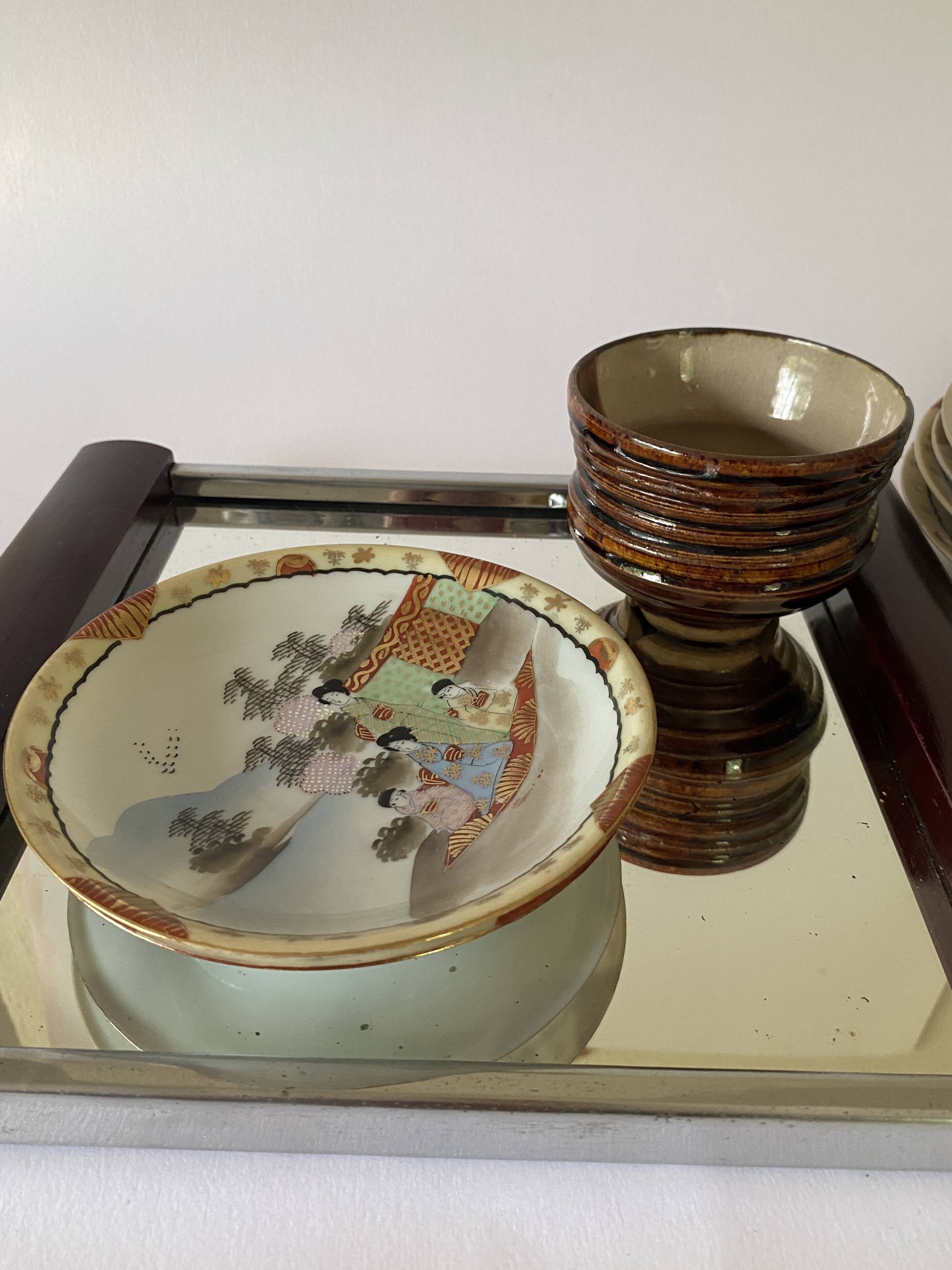 Art Deco tray, mirror, wood and metal