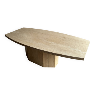 Beige Travertine Sculptural Dining Table with Boat-Shaped Top and Central Pedestal — 1970s Brutalist