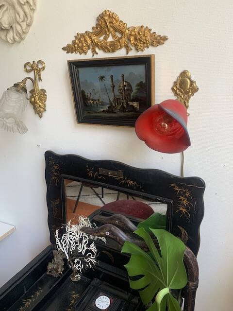 19th century painting, painting under glass and mother-of-pearl, oriental scene, signed GA