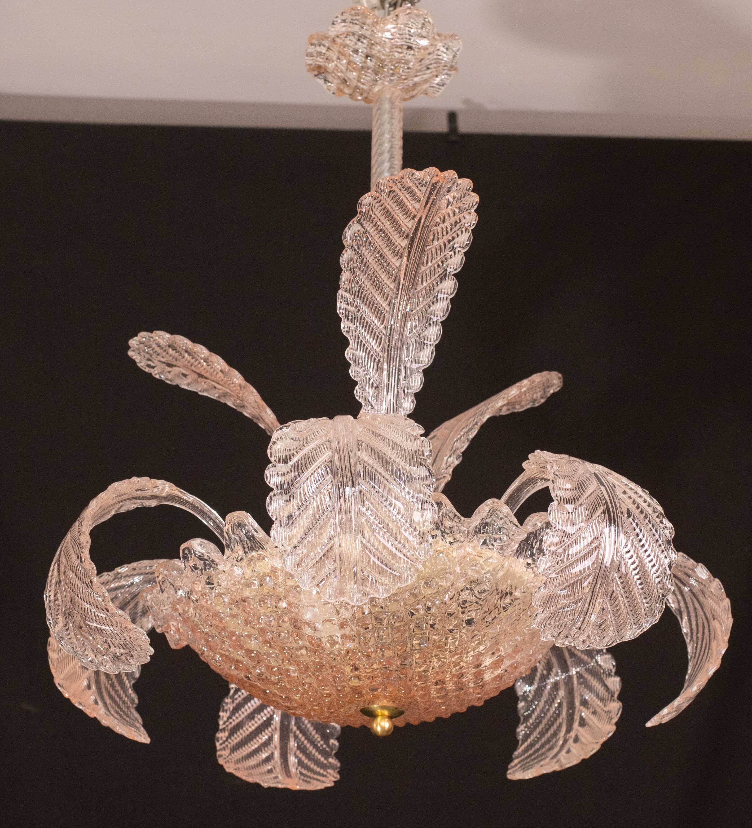 Pink Art Decò Barovier e Toso Chandelier, Murano Glass, 1950s