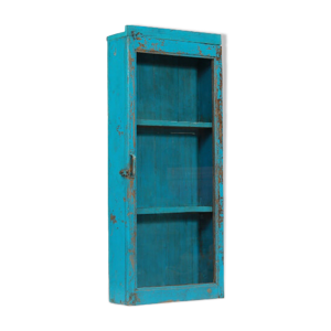vitrine murale Vintage Bleu Vieux Teck Patine et Piece d'Origine Inde 45x15x107cm