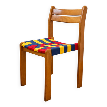 Chaise vintage en bois et sangles tressées multicolores – Années 80