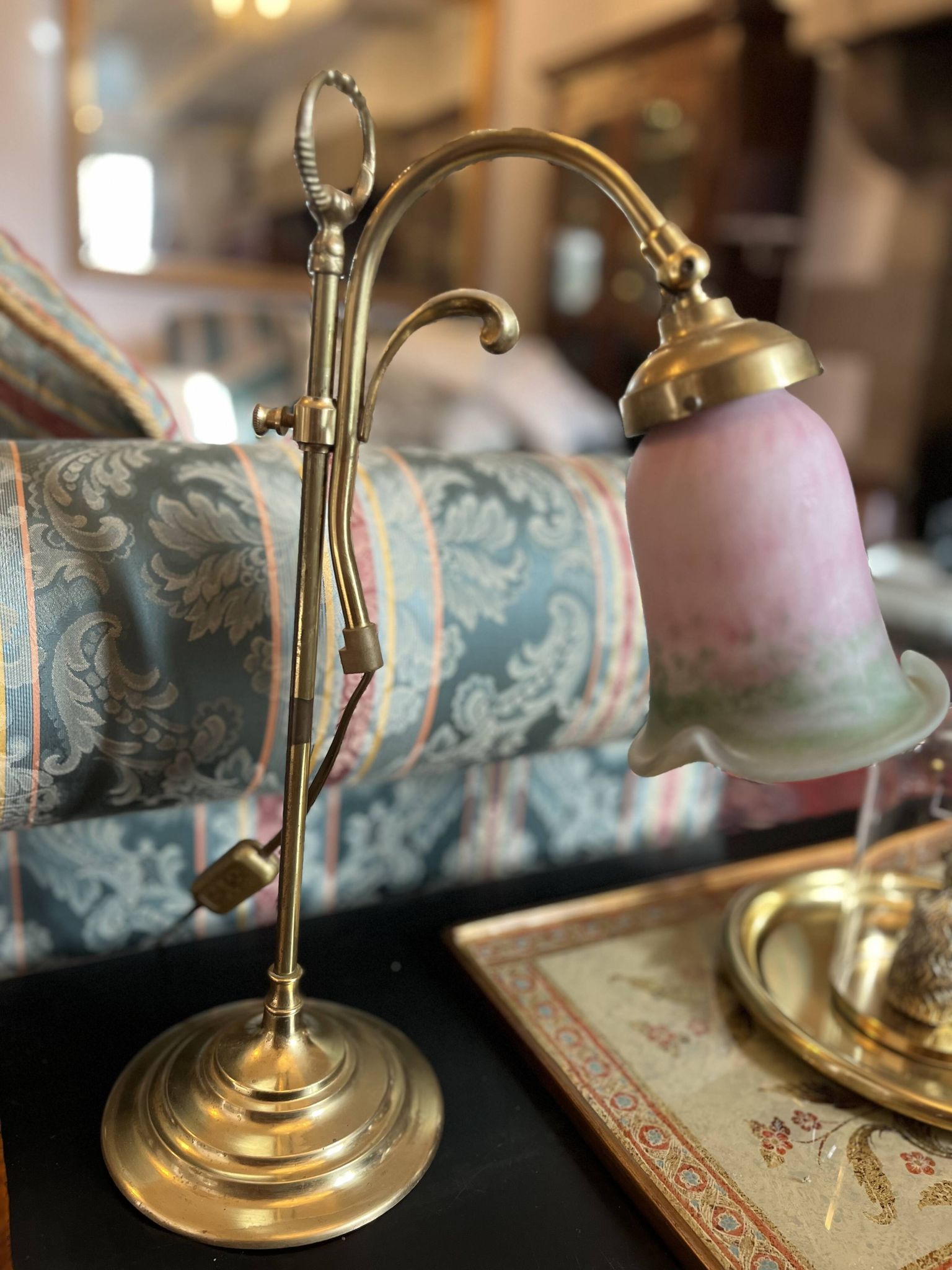 Vintage brass lamp with a swan neck/piano design. Mid-20th century retro elegance.