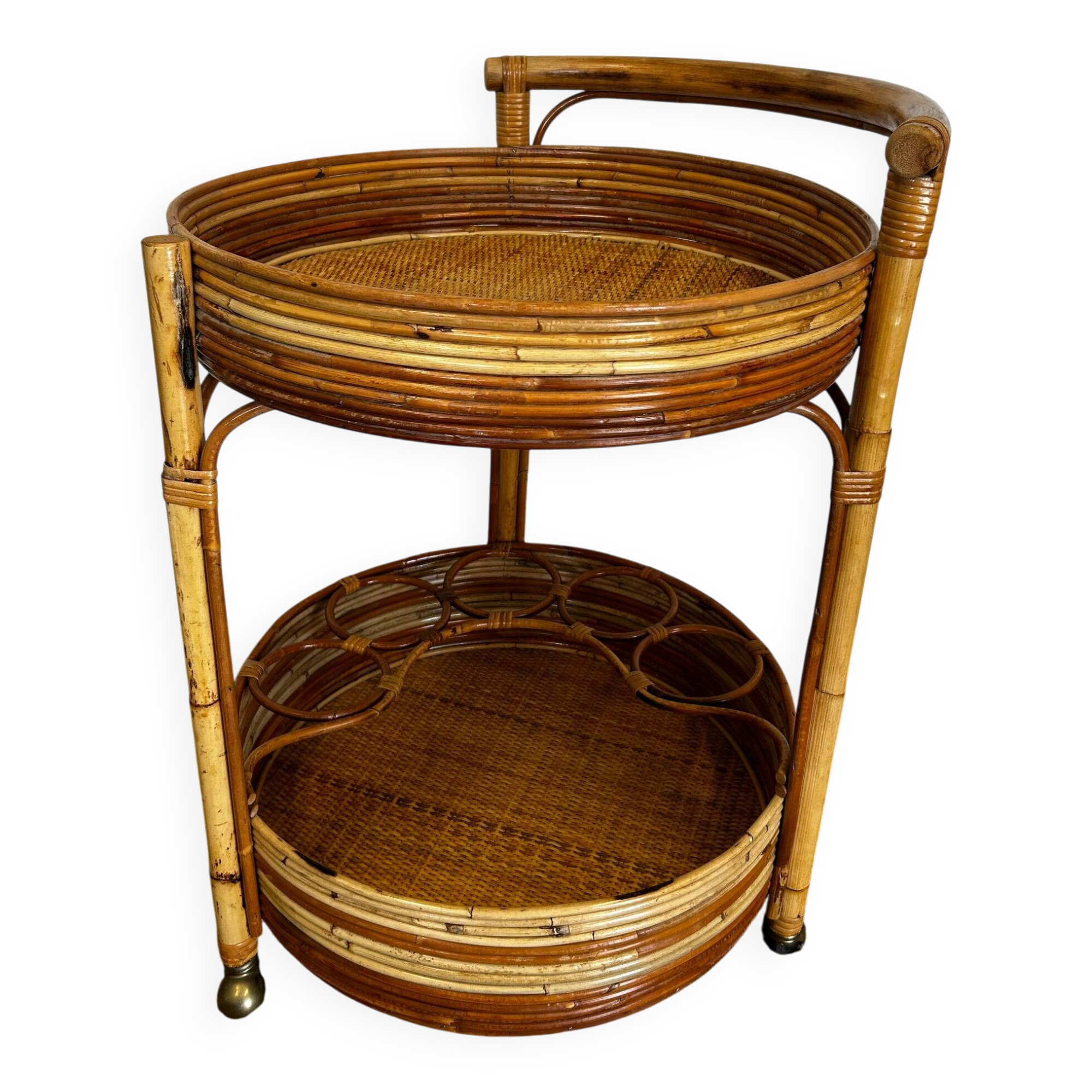 2-tiered round bamboo bar cart in the style of Vivai del Sud, Italy, 1960s