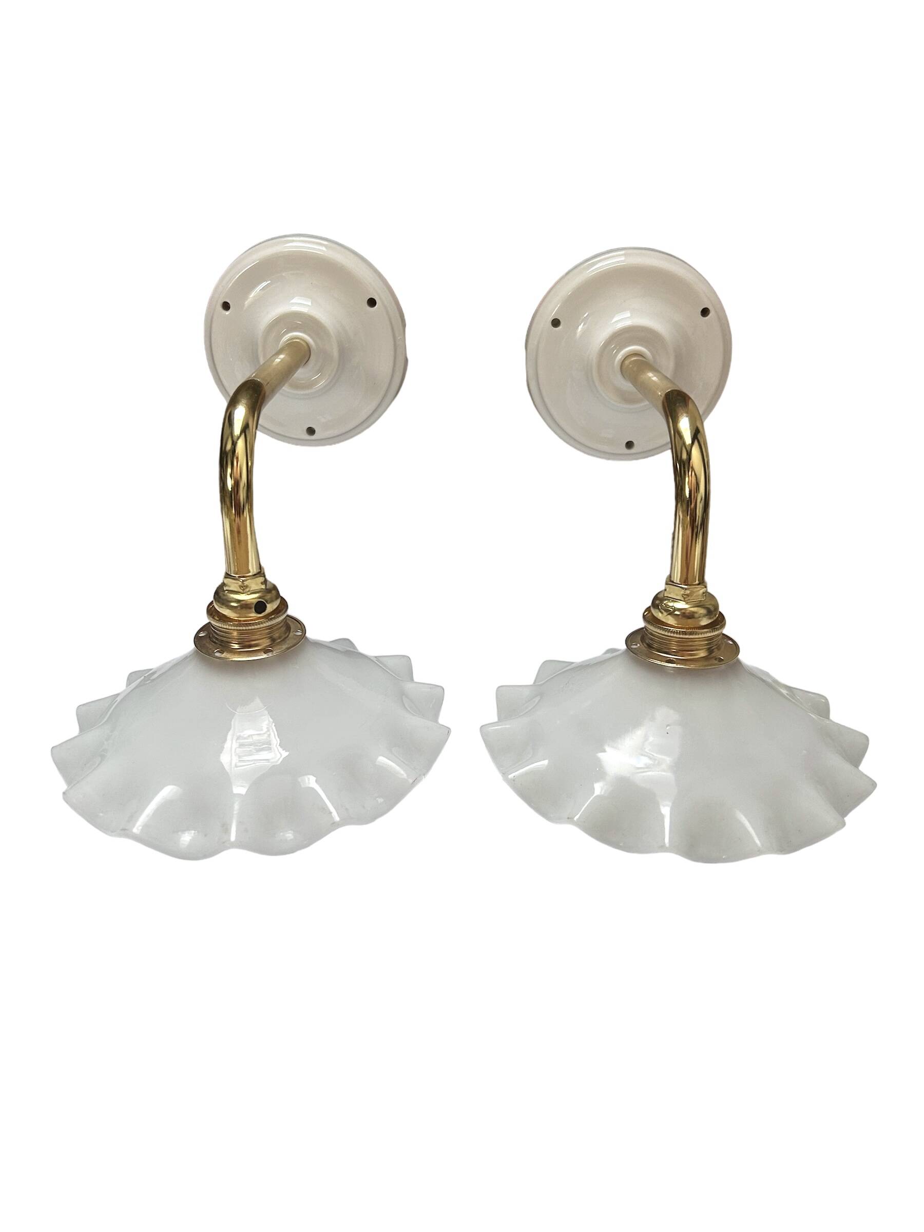 Pair: white opaline wall lights