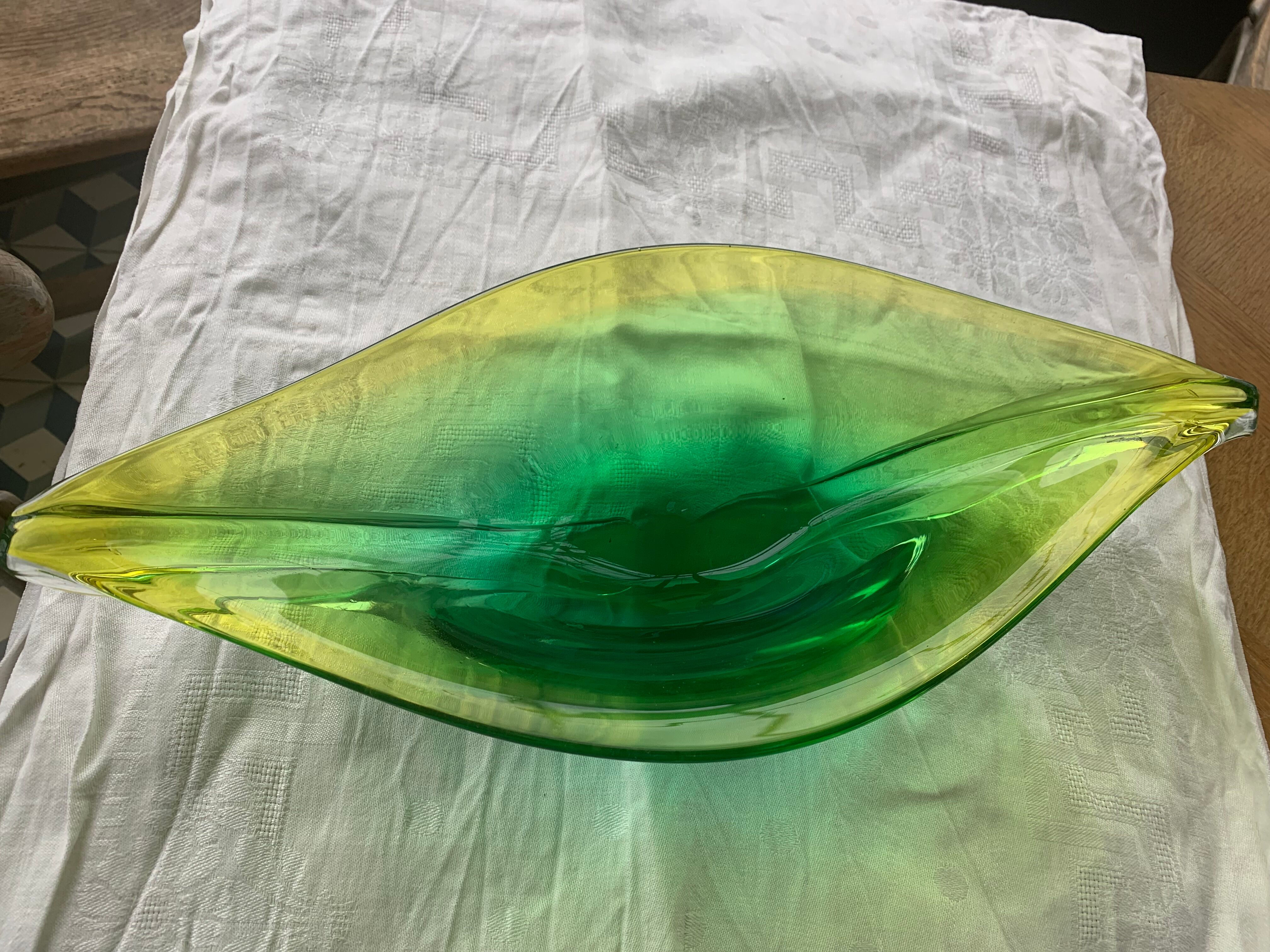 Glass fruit cup in the shape of a vintage yellow green vegetable leaf