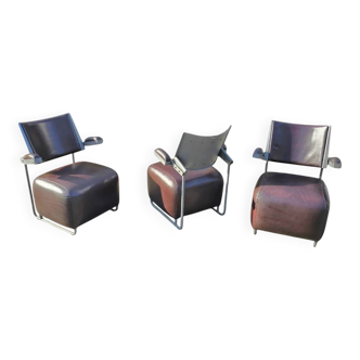 3 x Oscar armchair by Harri Korhonen for Inno Interior Oy / brown leather / 1980s