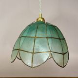 Vintage pendant light in blue mother-of-pearl and brass.