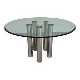 Round glass and metal dining table, Italian design from the 80s, vintage
