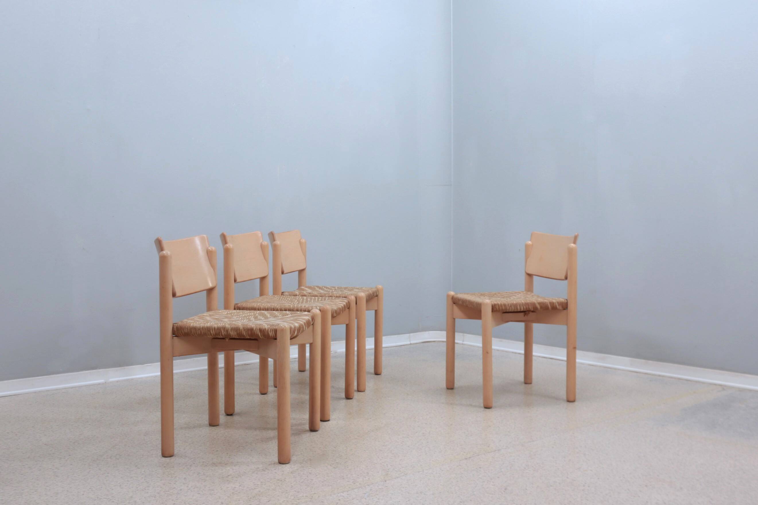 Vintage rustic dining chairs with straw seat 1970s