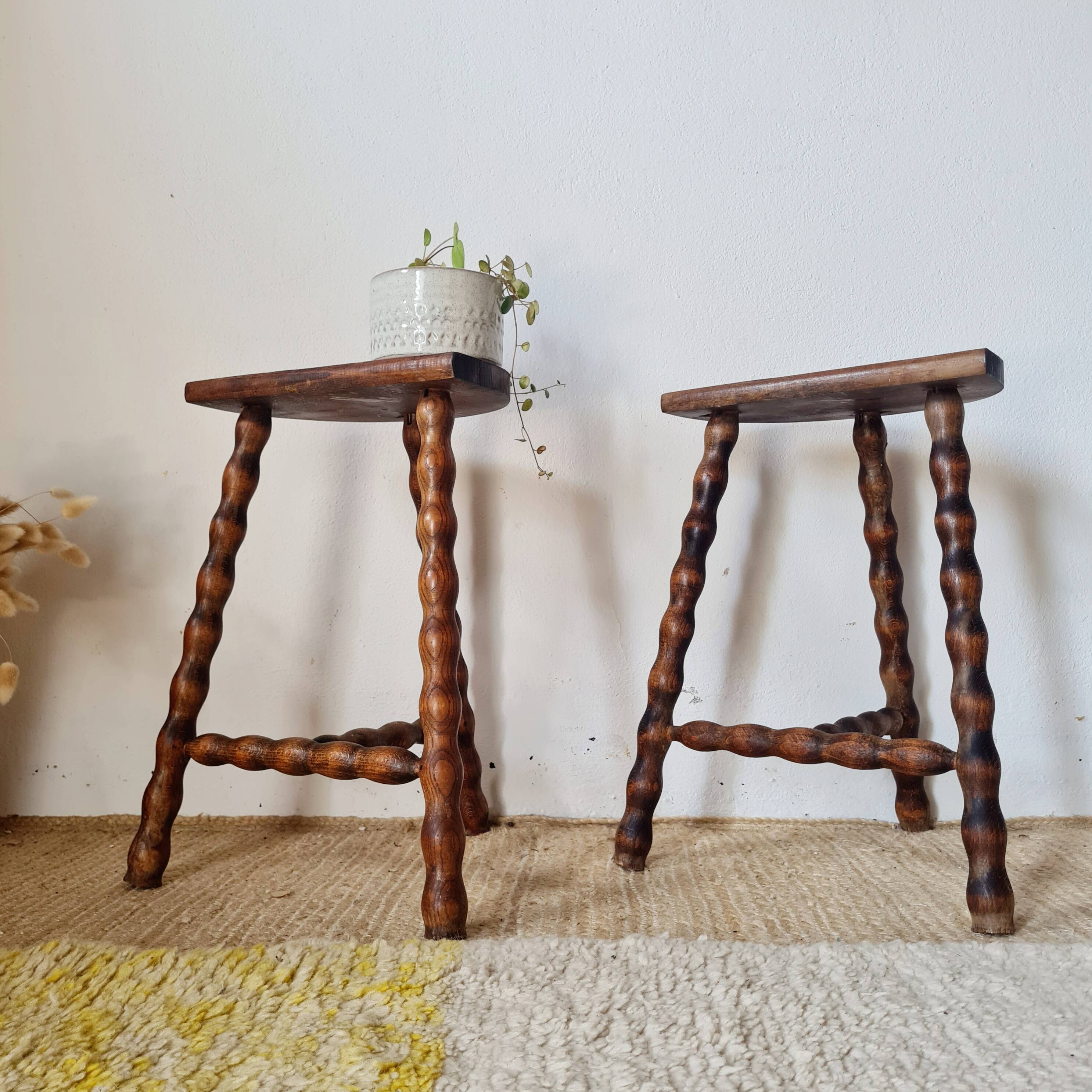 Wooden tripod stools - pair of turned leg bedside tables