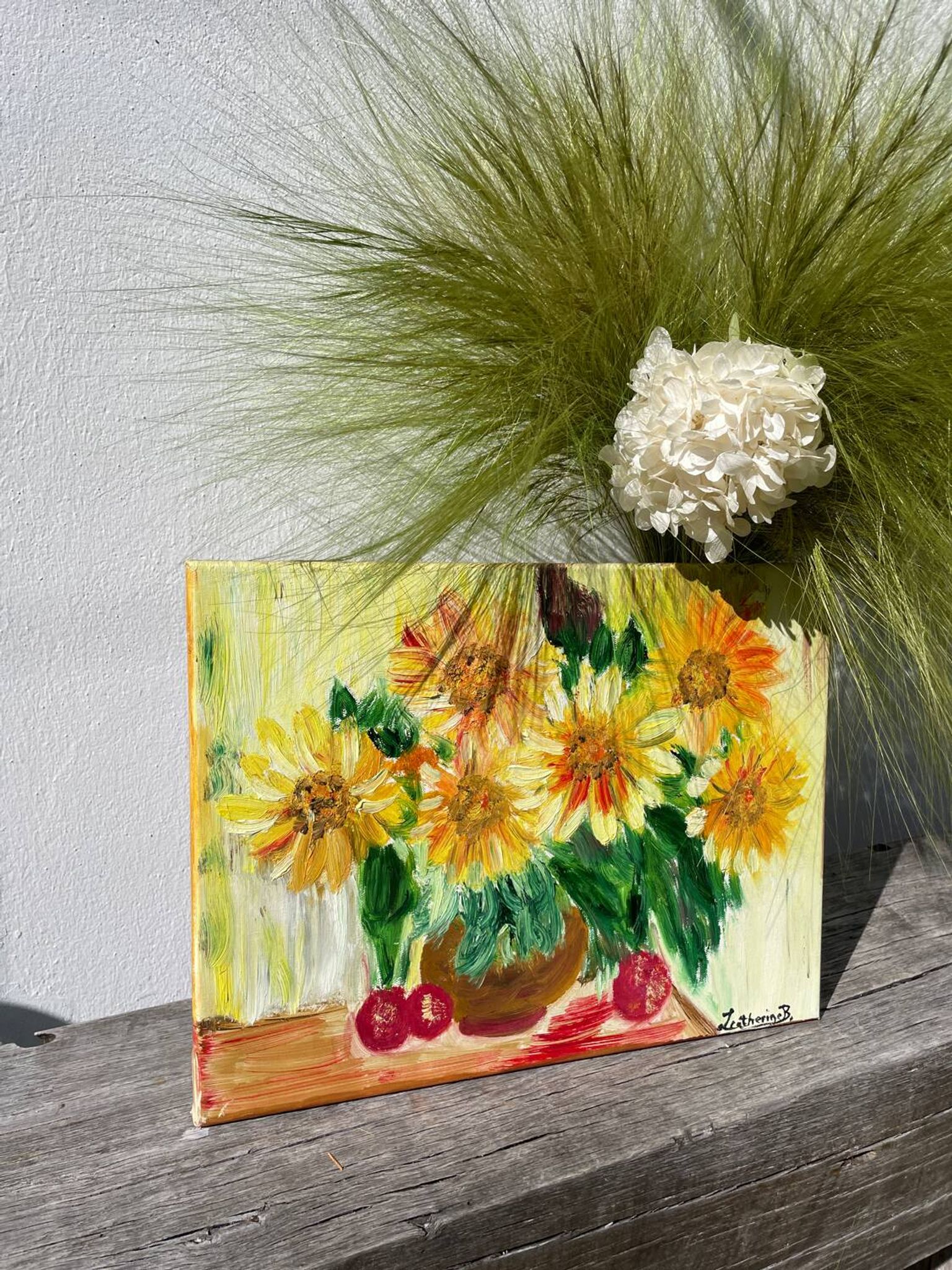 Huile sur toile d’un bouquet de tournesols