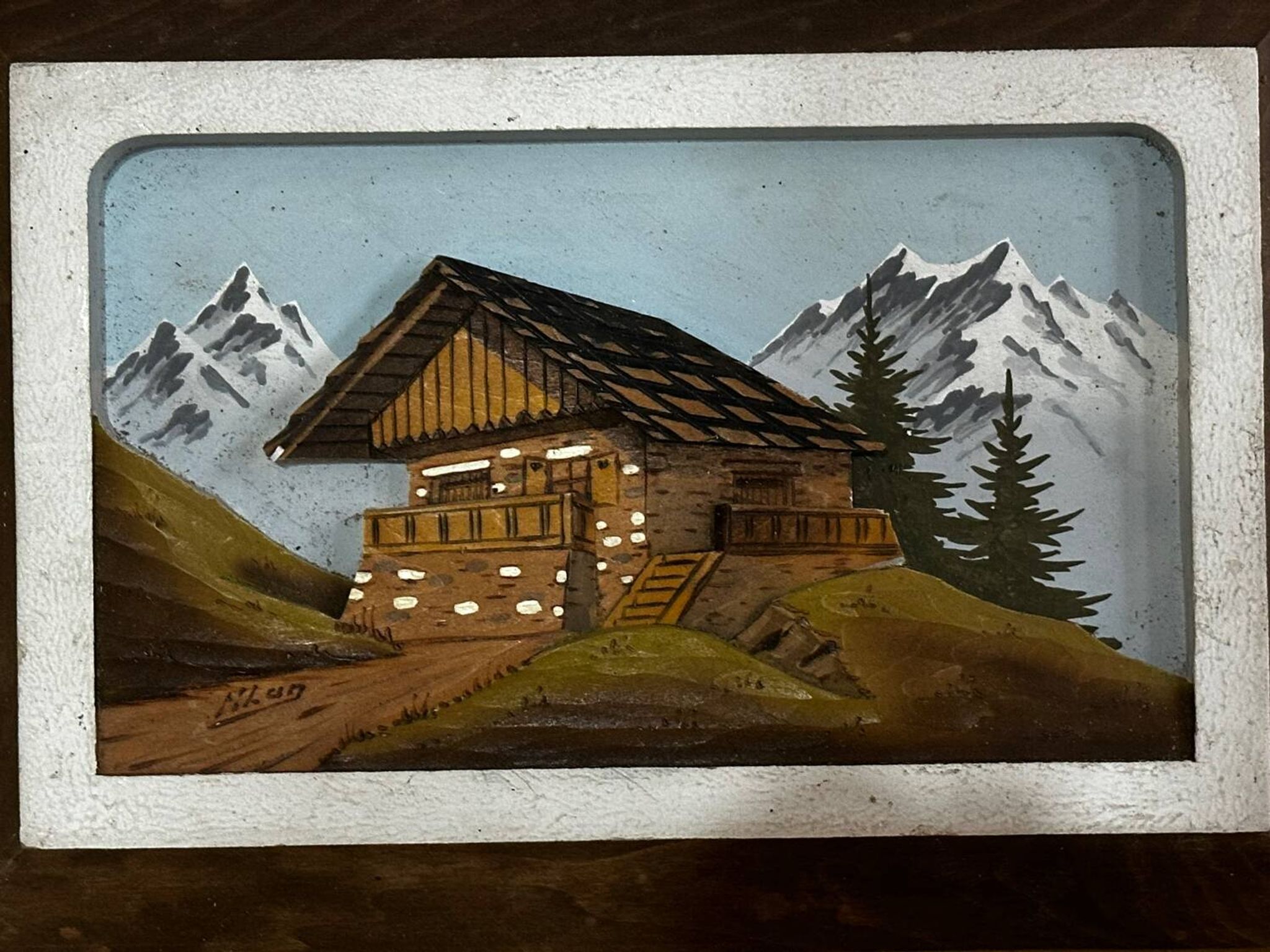 Tableau alpin vintage en bois sculpté et peint - signé