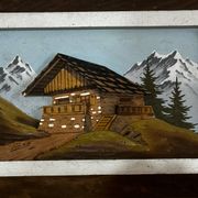 Tableau alpin vintage en bois sculpté et peint - signé