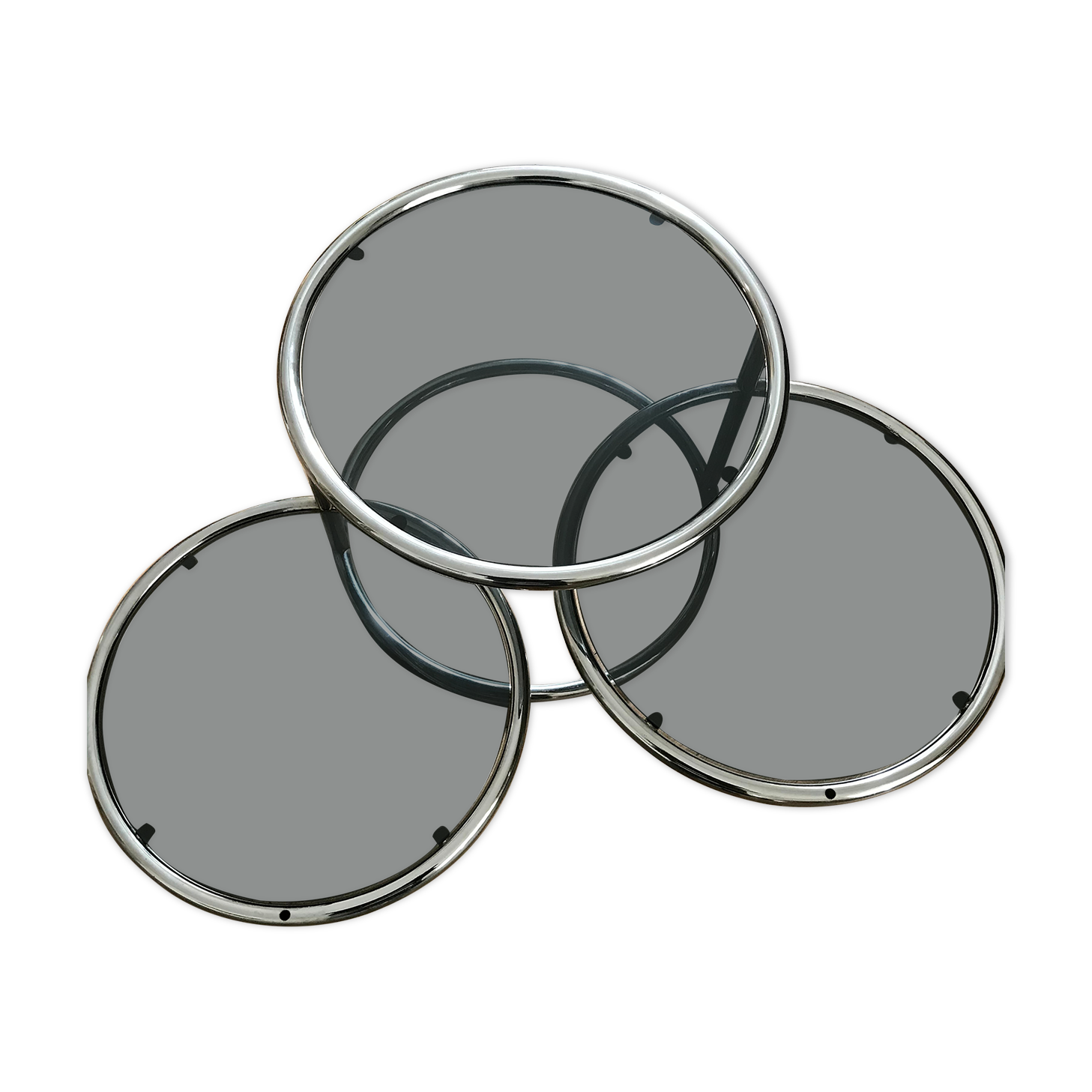 Vintage round coffee table in smoked glass and 3 removable metal trays 1970