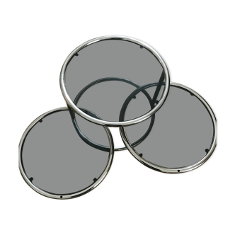 Vintage round coffee table in smoked glass and 3 removable metal trays 1970
