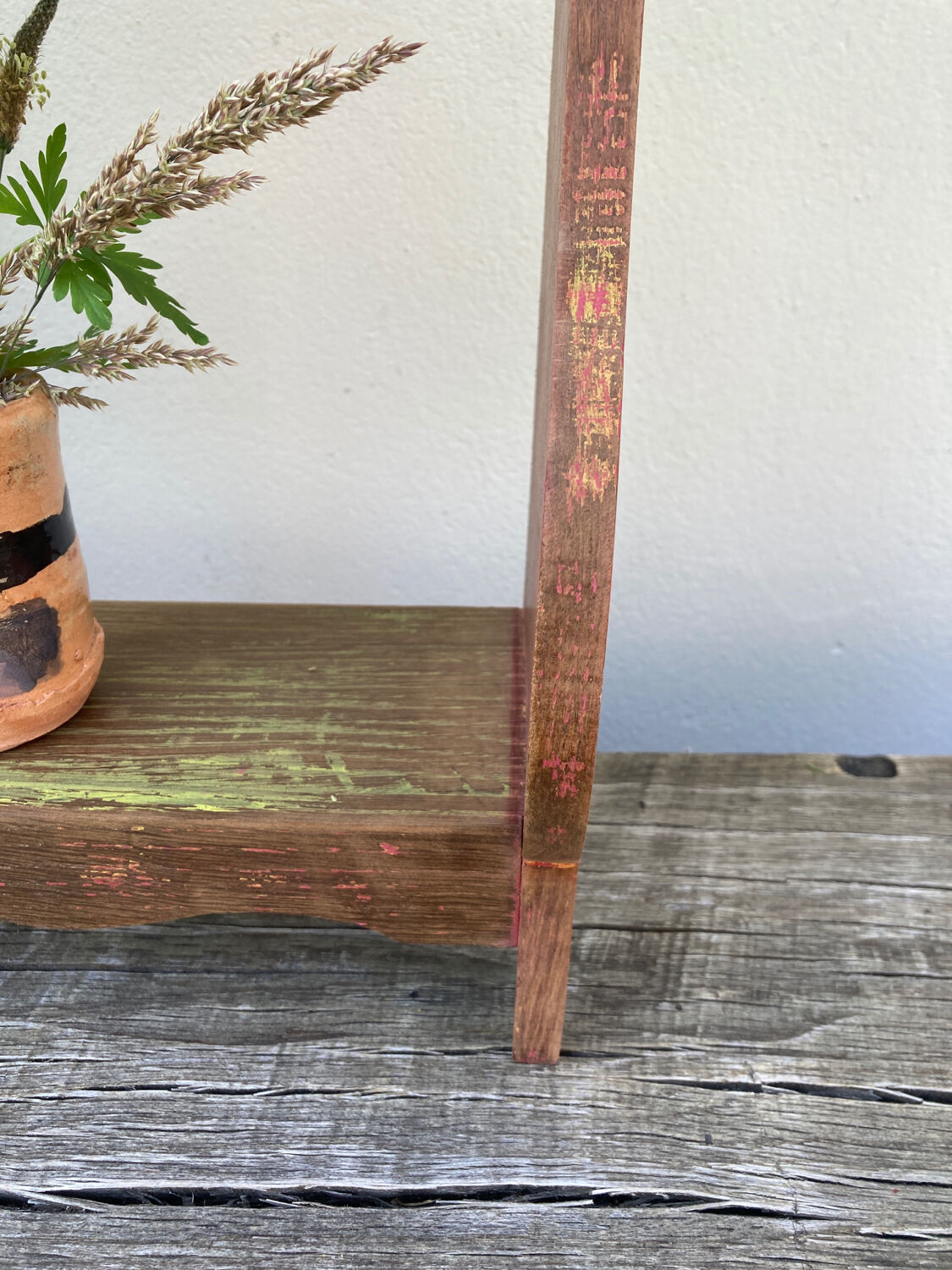 Wall spice shelf patinated wood vintage antique storage