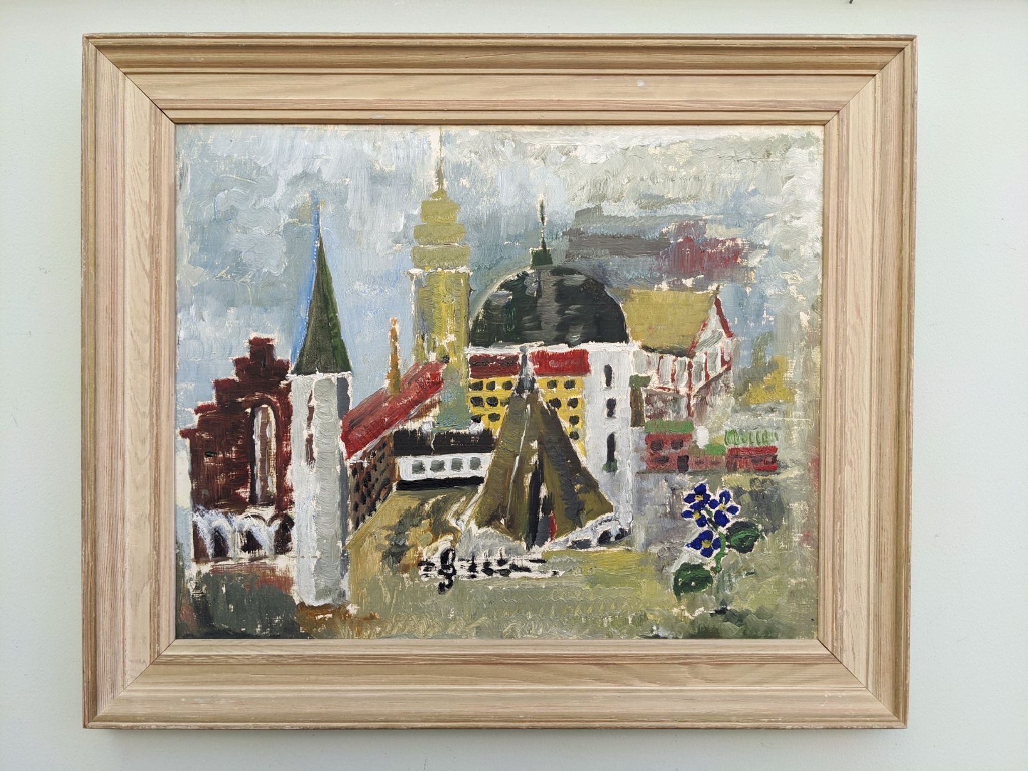 Mid-Century Modern Swedish Cityscape "City Views" Framed Oil Painting