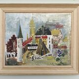 Mid-Century Modern Swedish Cityscape "City Views" Framed Oil Painting