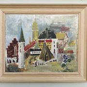 Mid-Century Modern Swedish Cityscape "City Views" Framed Oil Painting