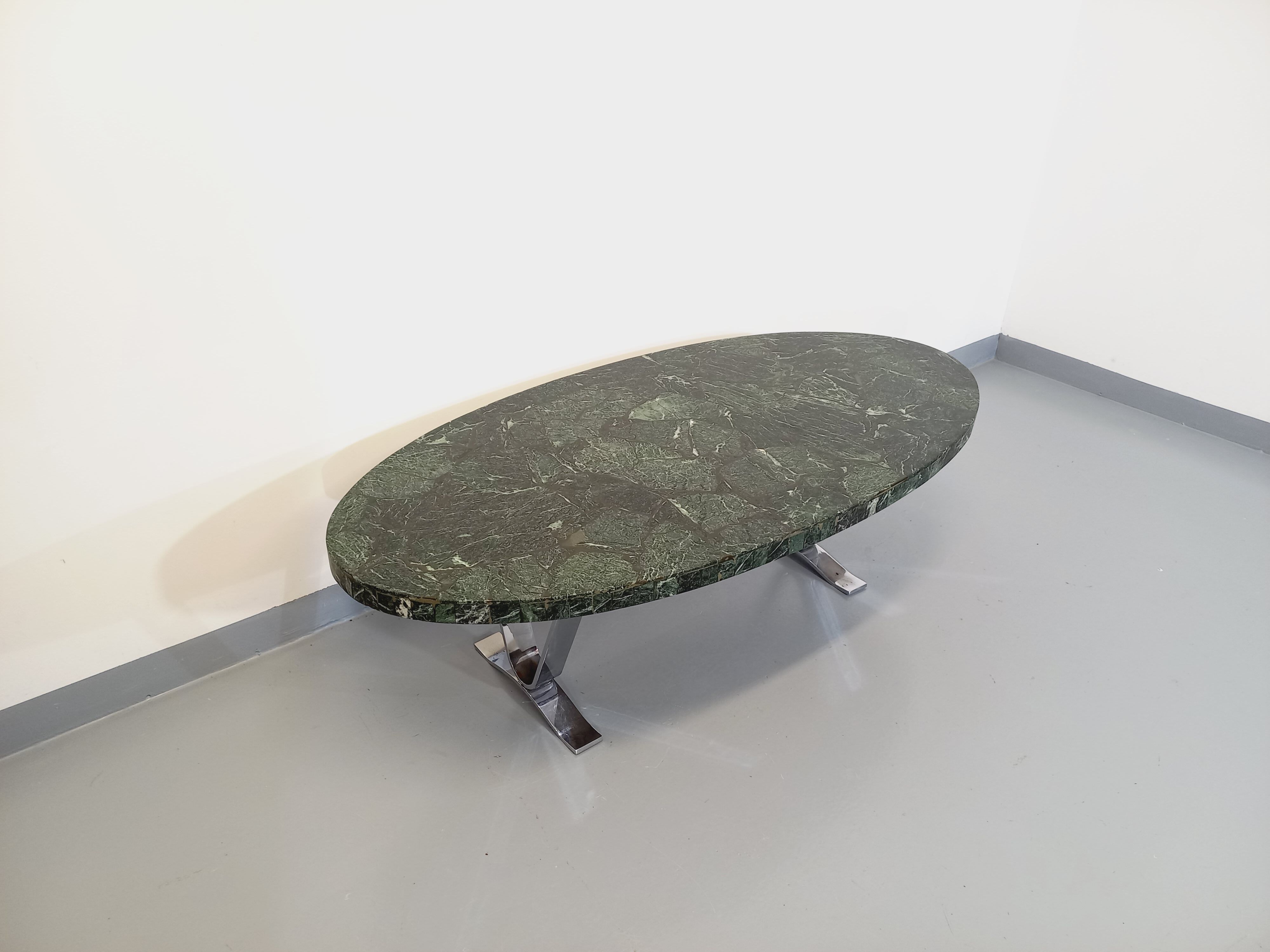 Vintage oval coffee table in stone and chromed metal from the 70s