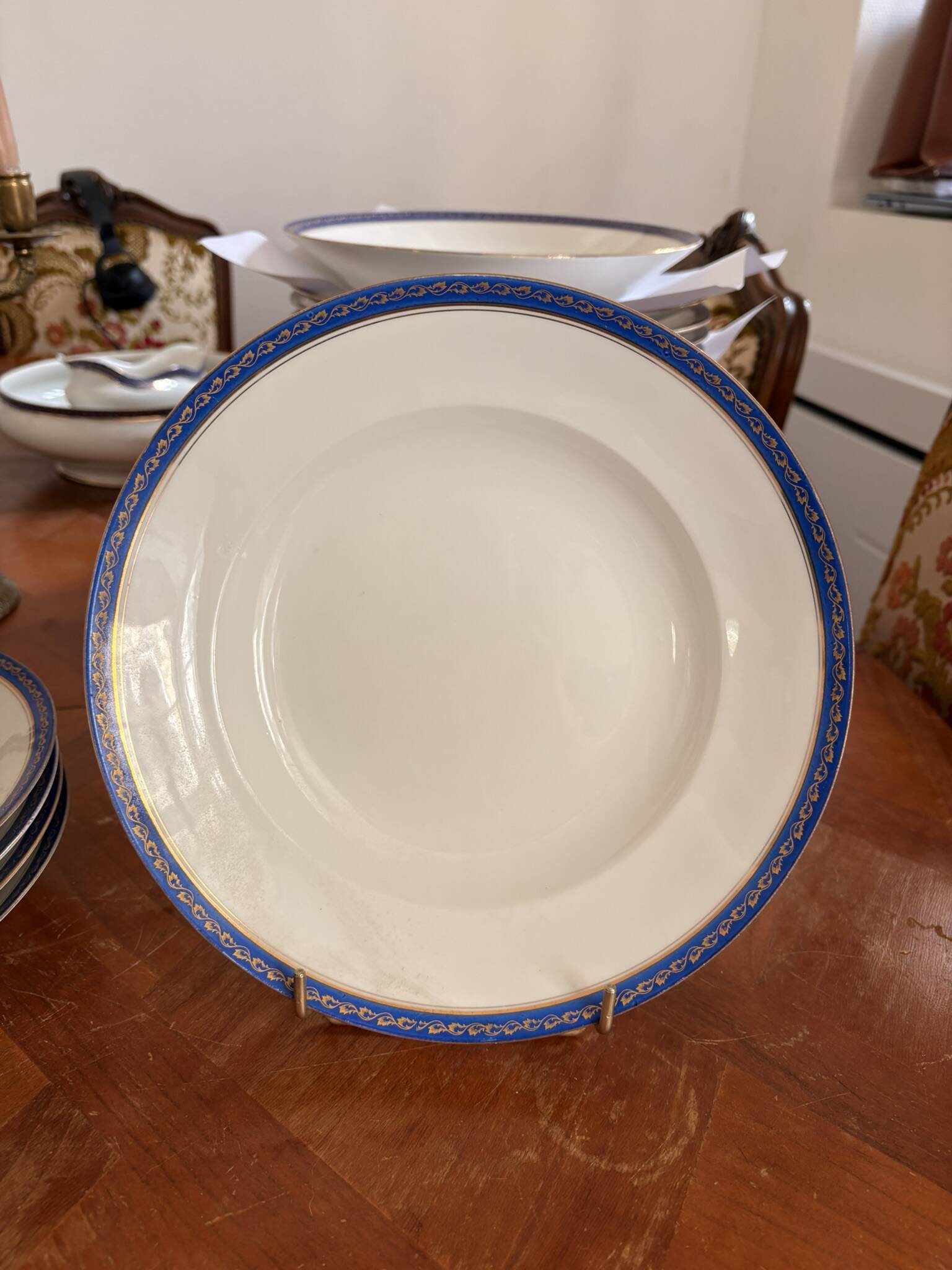 Lot 6 Deep Plates Limoges Porcelain Blue Gold Betoule & Legrand France