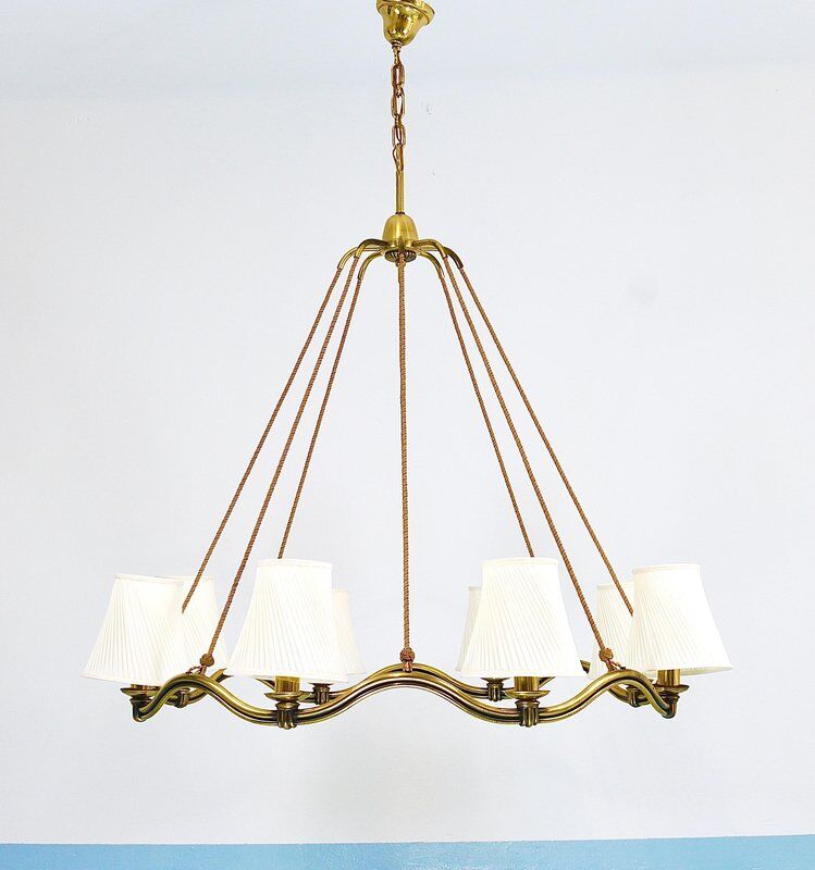 Large Viennese Modernism curved brass wave chandelier by Hugo Gorge, 1940s