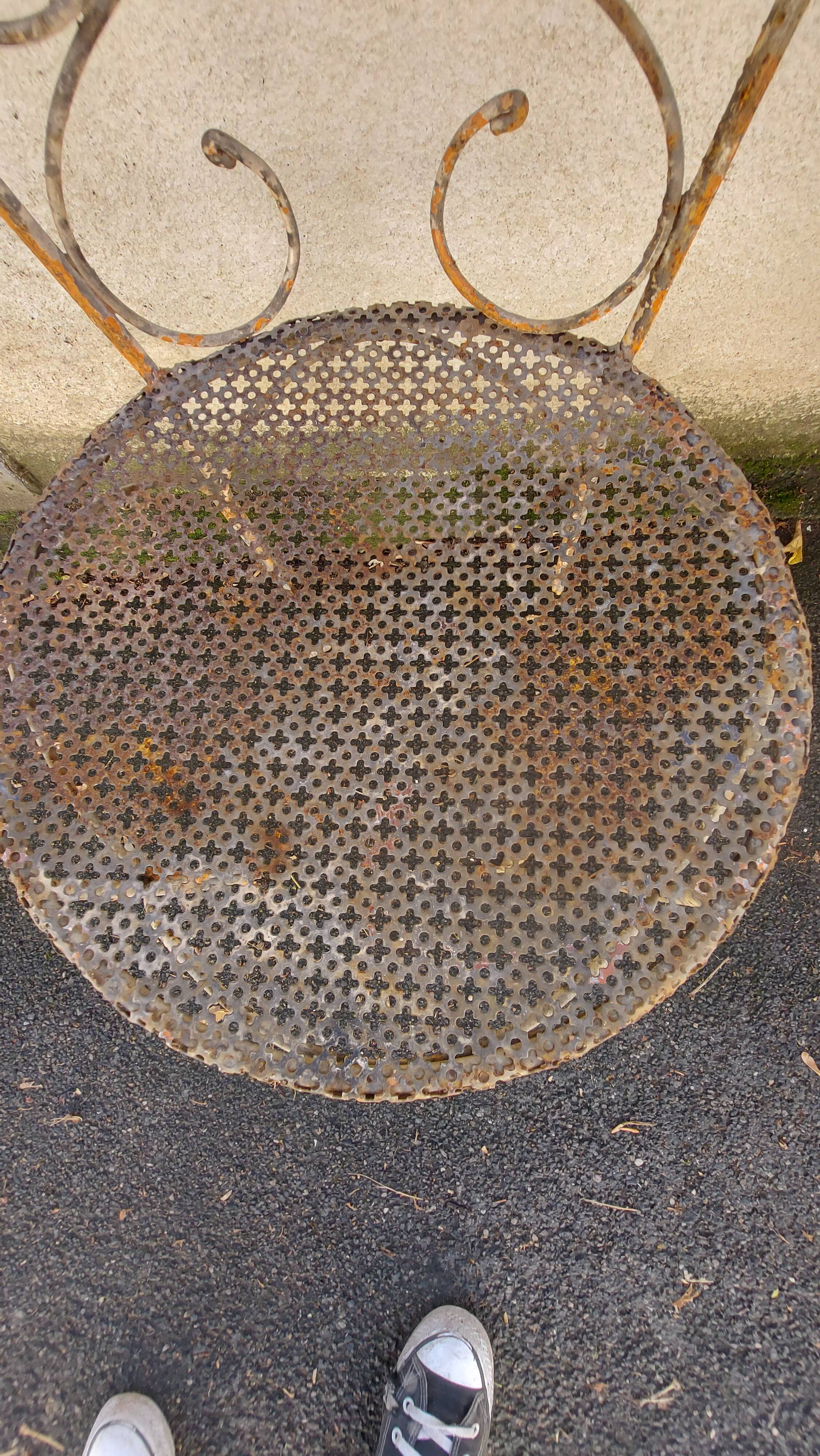 Set of 3 wrought iron garden chairs, rigitulle seat 1940/50