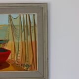 Original Swedish Mid-Century Oil on Panel “Boats and Fishing Nets ” by ALF (Affe) SKAGH (1916-1962)