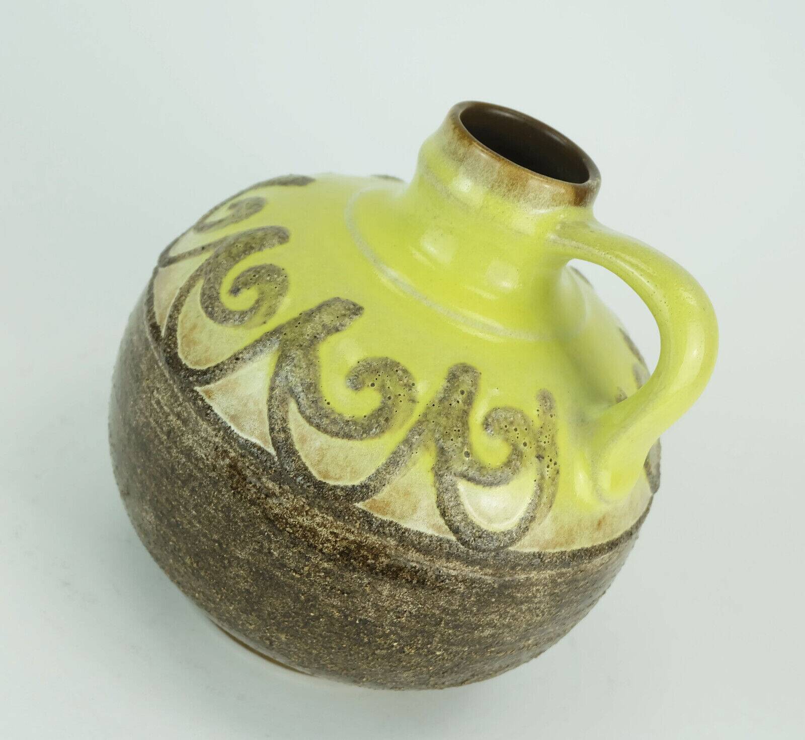 Strehla gdr fat lava vase jug brown lava glaze with yellow model 9017