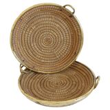 1970s Gabriella Crespi Style Handmade Natural Fiber and Brass Trays
