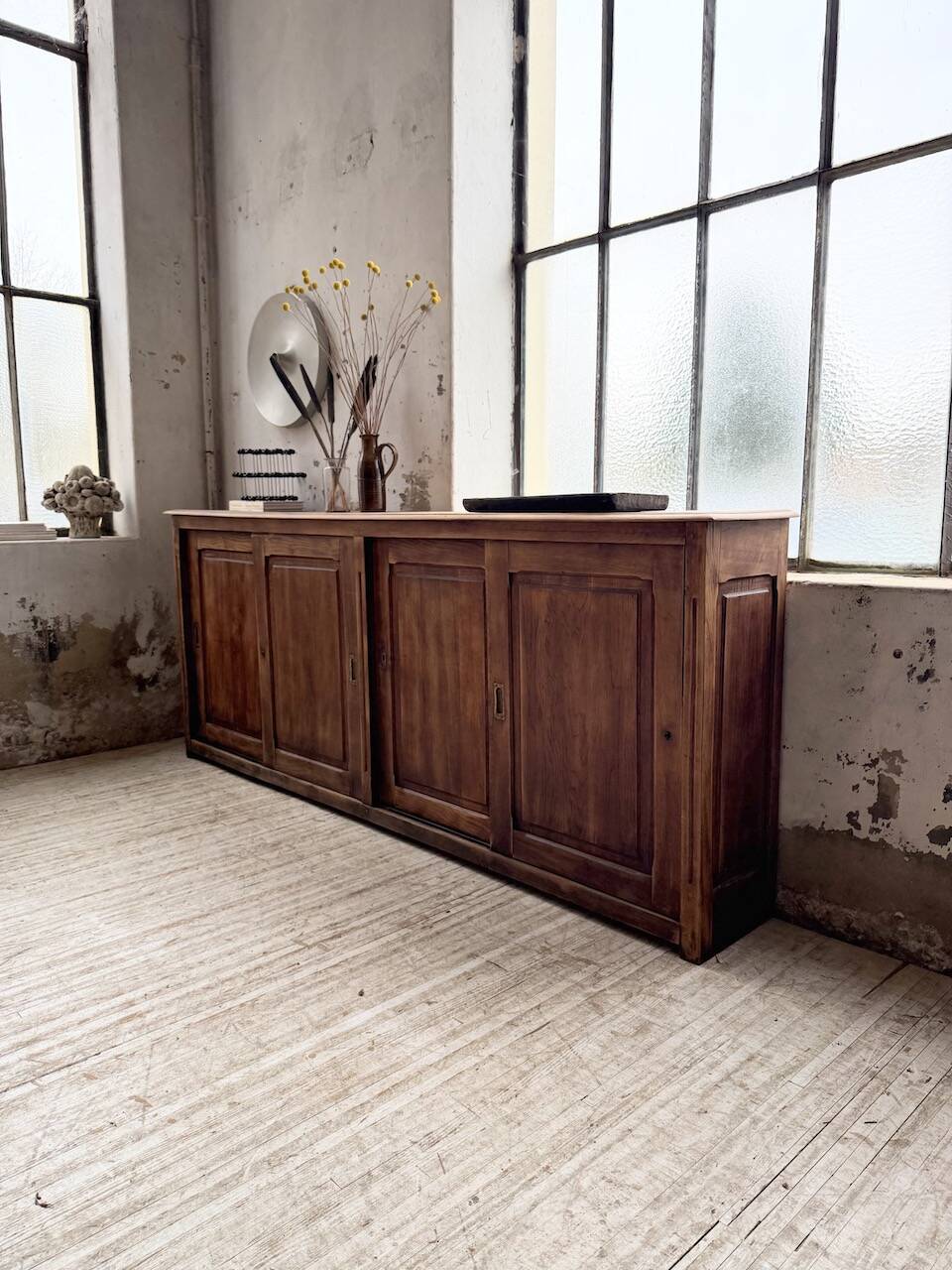 XL oak workshop sideboard with sliding doors from 1900
