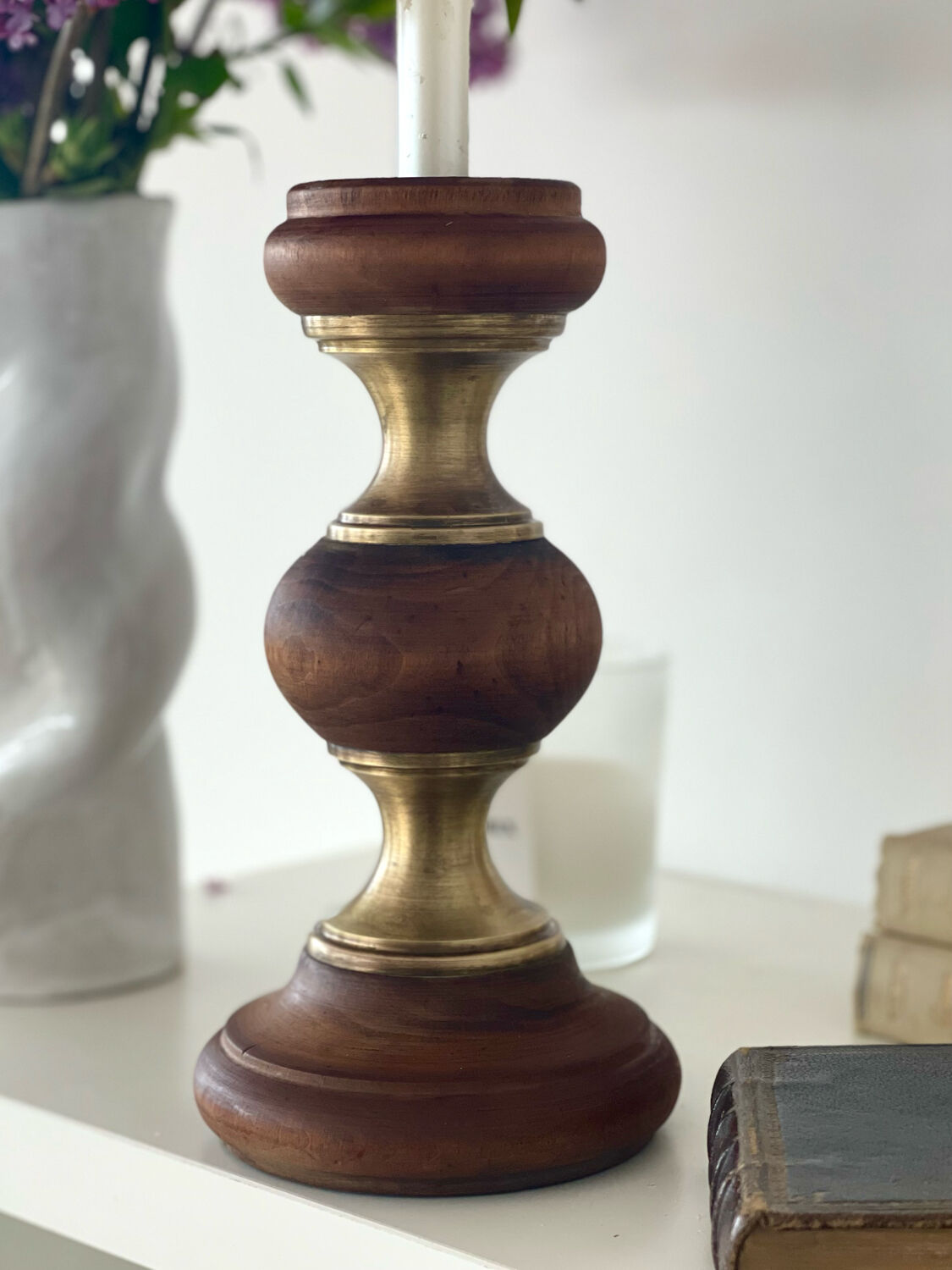 Wood and brass candle holder 1970