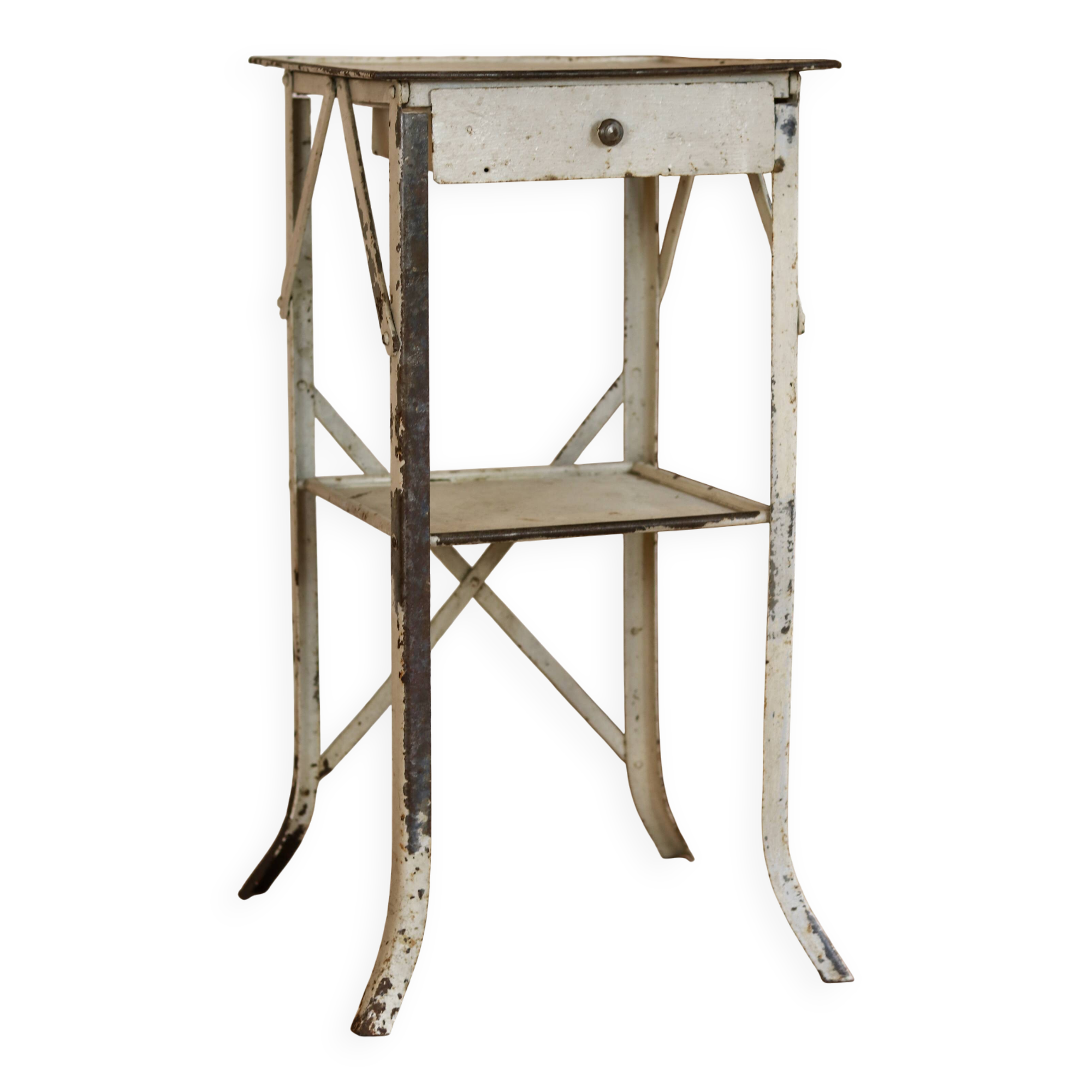 Painted metal side table, patinated white, with a drawer and two shelves