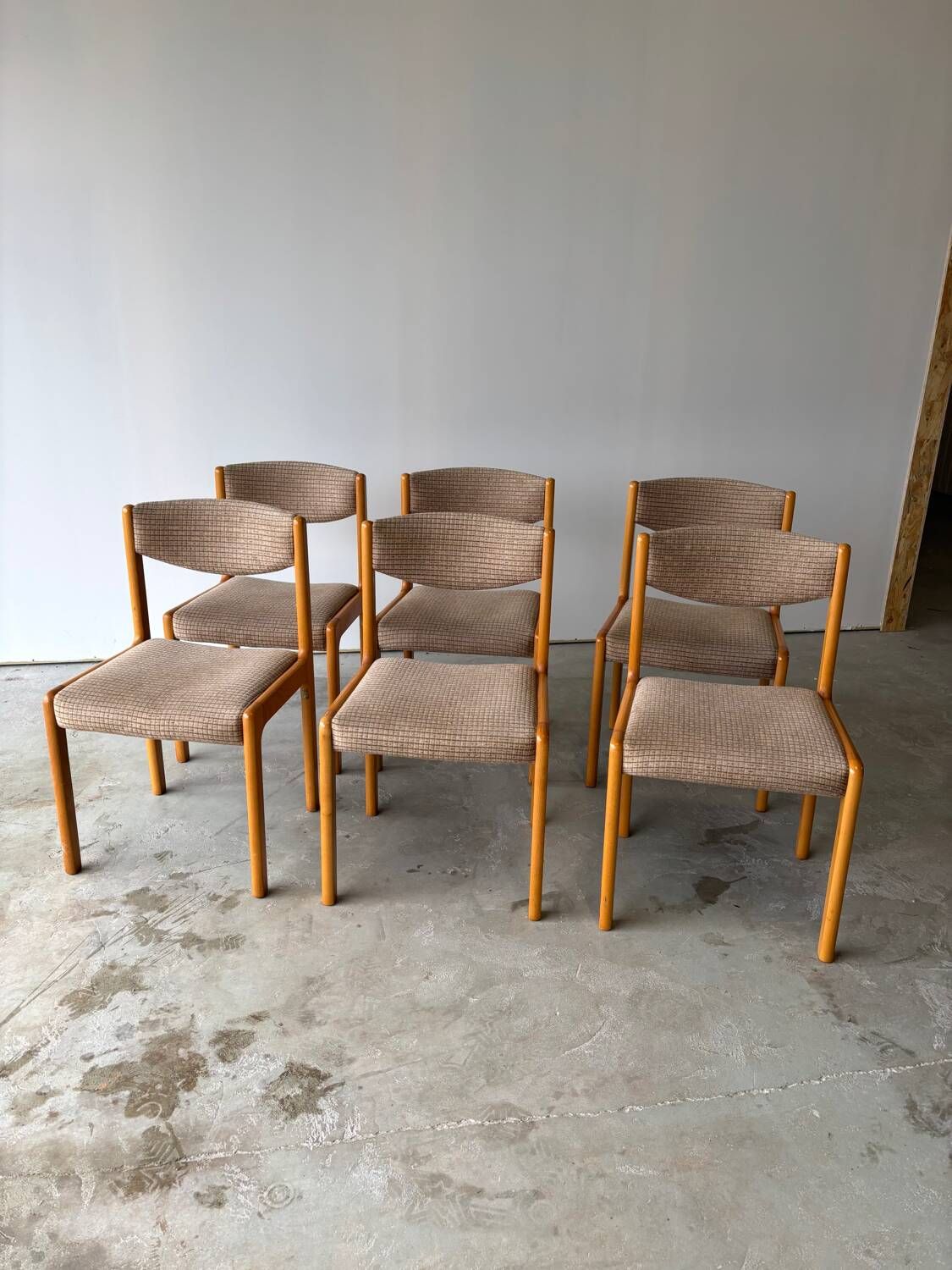 Set of 6 Self brand chairs in beech with wool seat