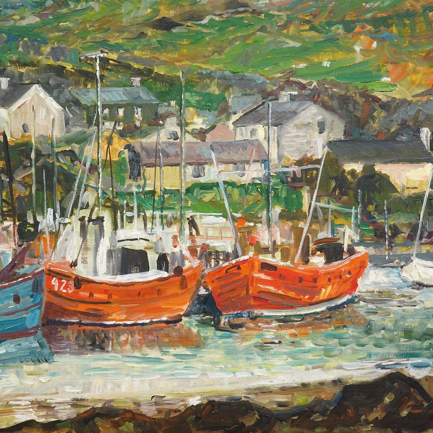 Oil painting by Alexander Michael – Fishing boats in Ireland, 1976