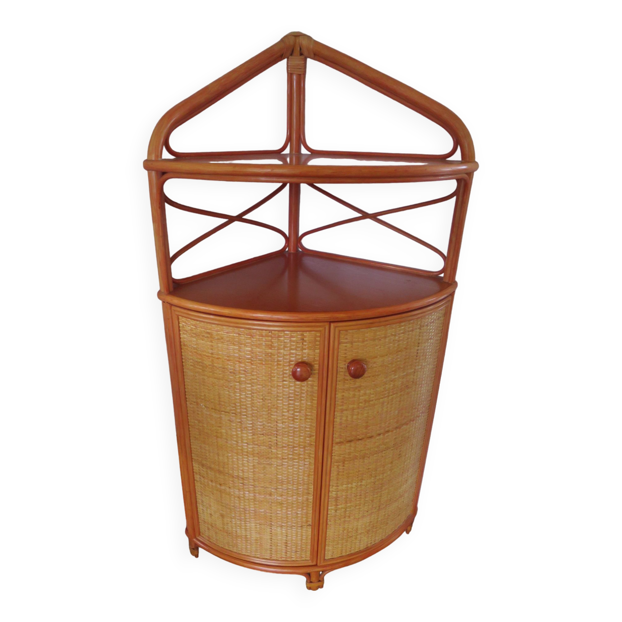 Rare-meuble d'angle-bois rotin bambou-années 70 -vintage-2 portes -bibliothéque étagère d'angle