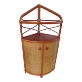 Rare-meuble d'angle-bois rotin bambou-années 70 -vintage-2 portes -bibliothéque étagère d'angle