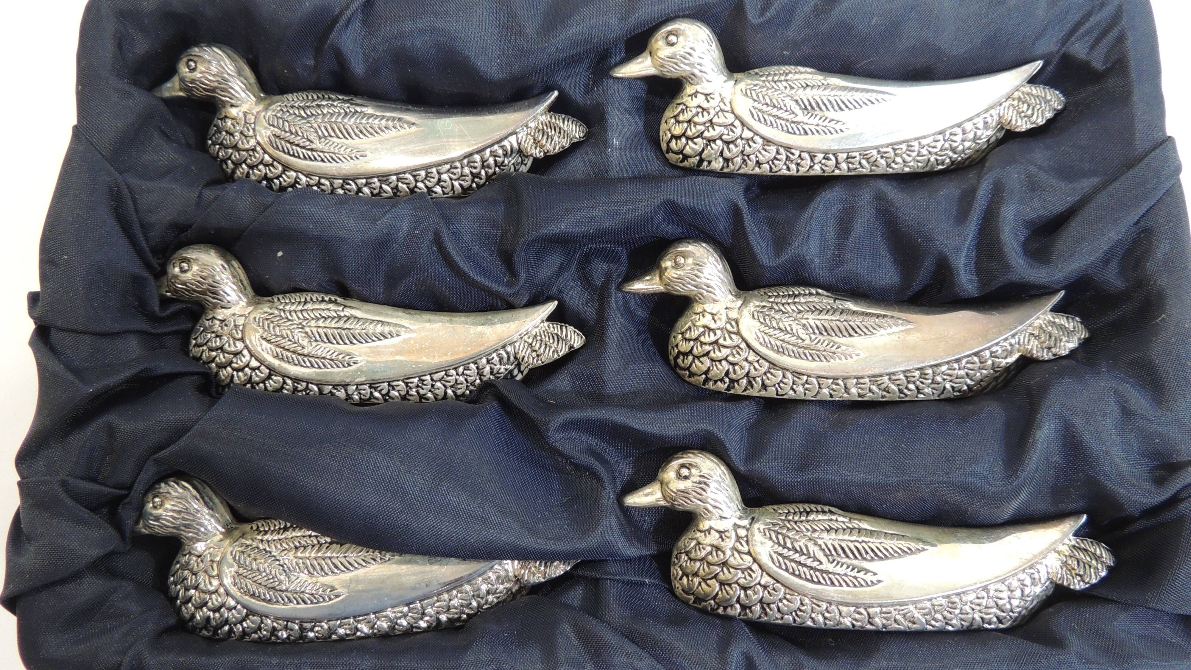 Set of 6 vintage silver-plated knife rests in the shape of ducks – Port