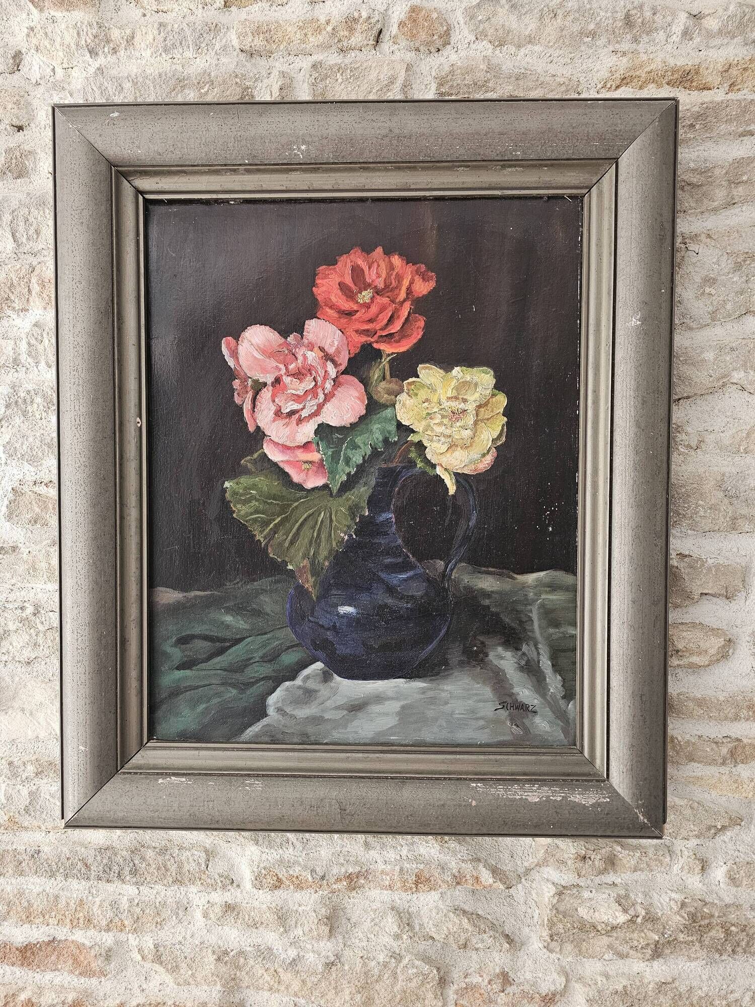 Tableau Huile sur Panneau Nature morte - bouquet de Roses Signé Schwarz