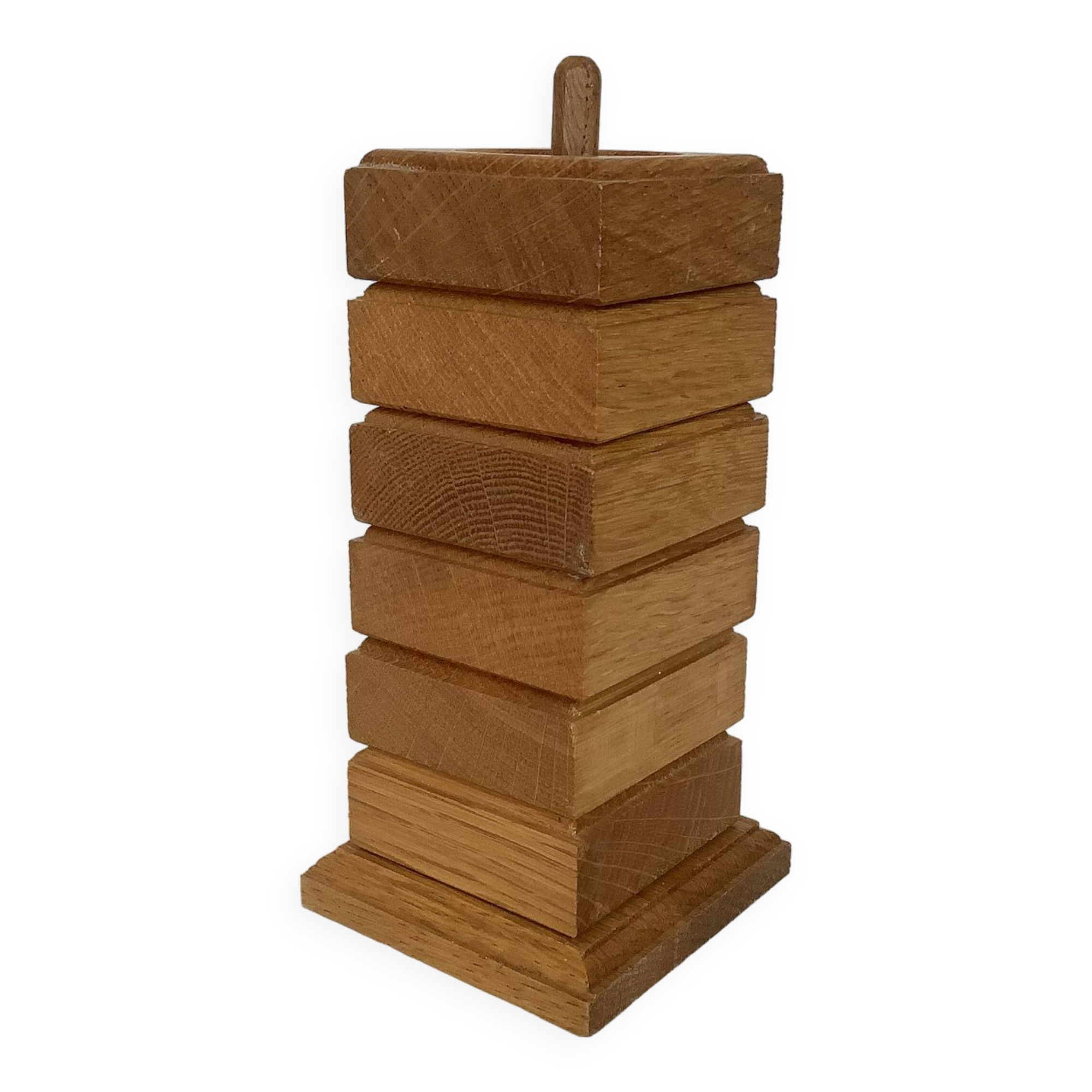 Six wooden egg cups and their Scandinavian style support