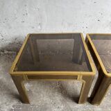 Pair of Gold Bronze Side Tables with Smoked Glass Tops — Solid Bronze, 1970s Belgian Design