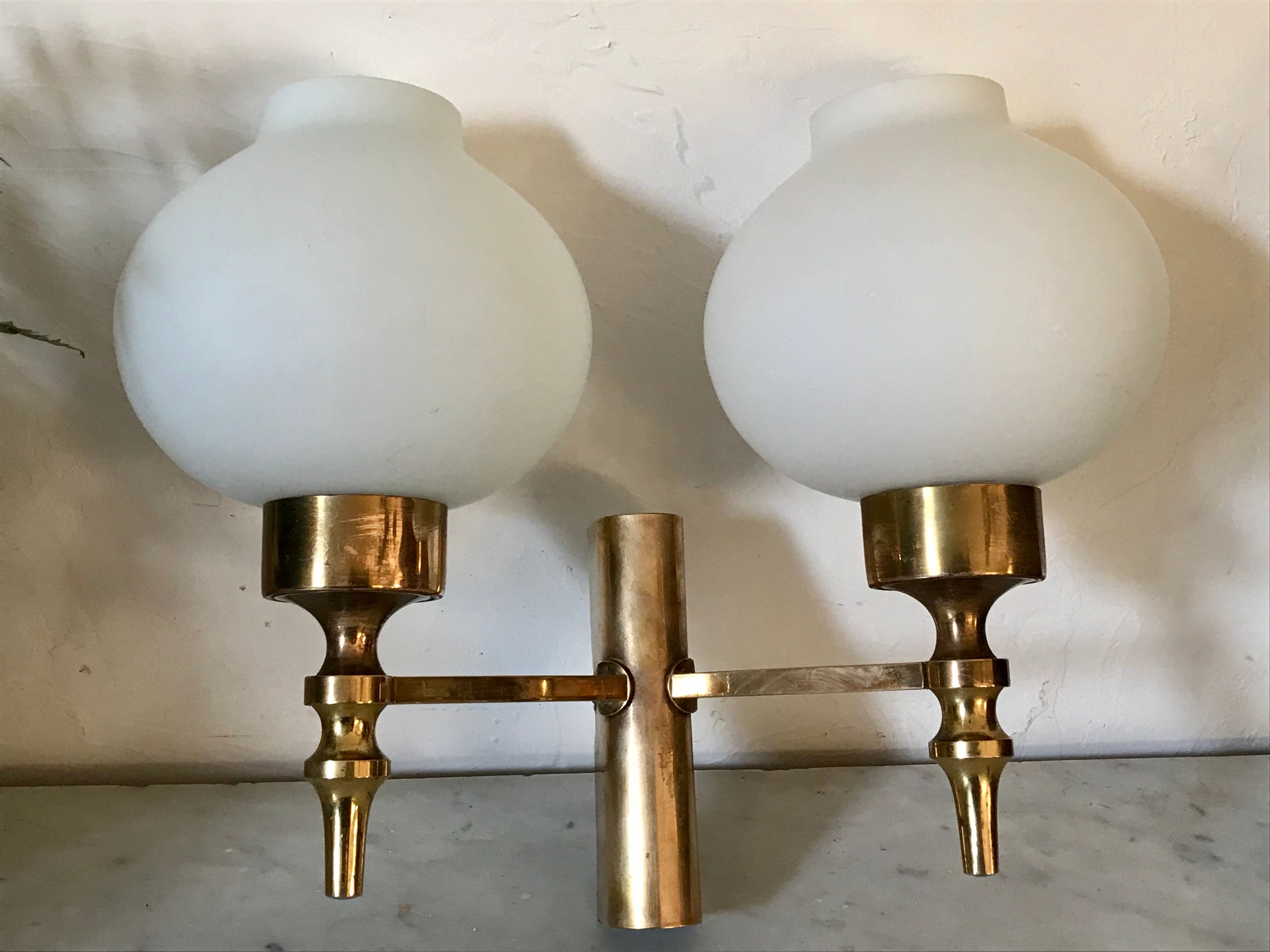 Double brass and opaline wall light